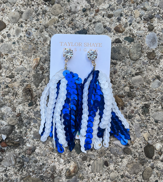 Dangly Sequence Blue White Earrings
