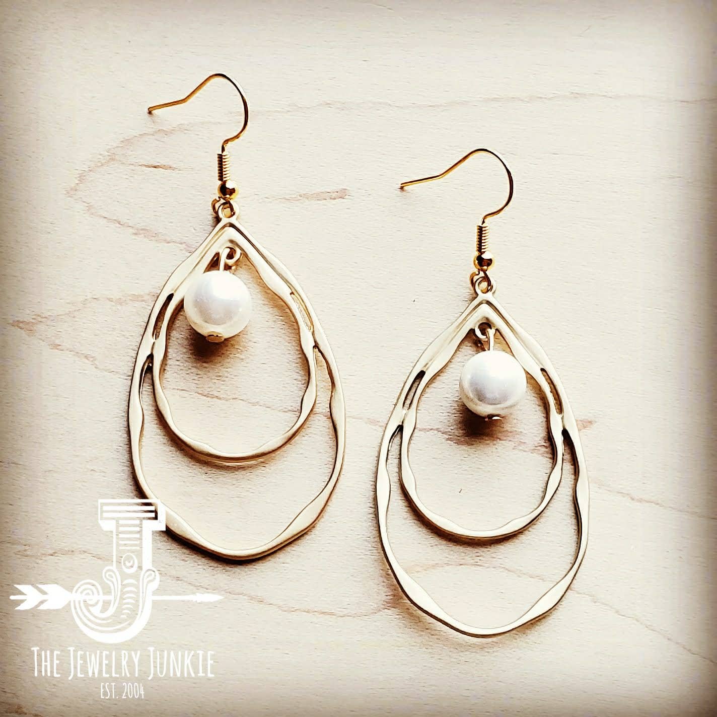 Matte Gold Double Hoop Earrings with Freshwater Pearl Dangle