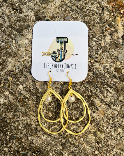 Matte Gold Double Hoop Earrings with Freshwater Pearl Dangle